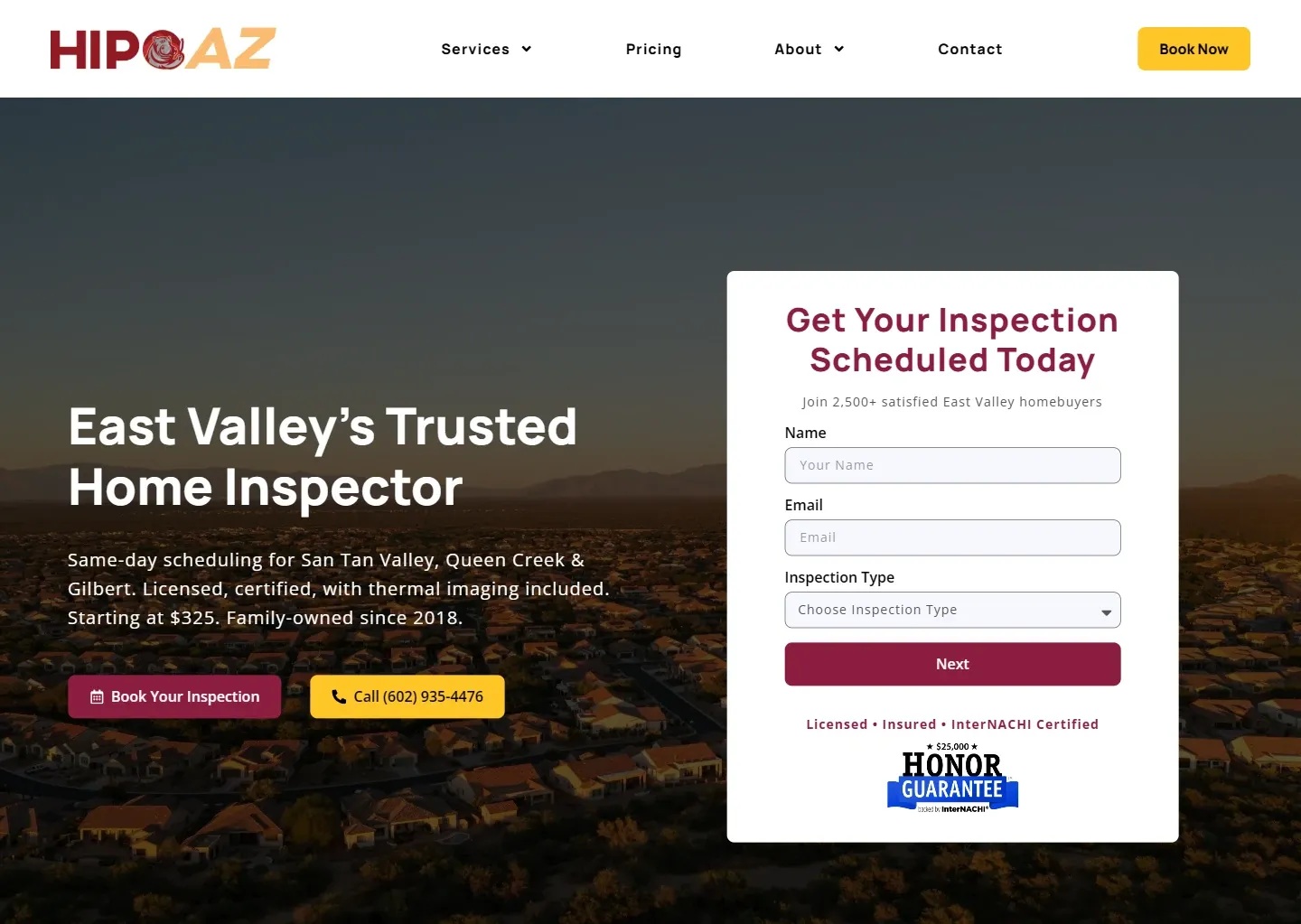 HIPOAZ Home Inspection website with custom appointment scheduling, built by Beyond Your Branding